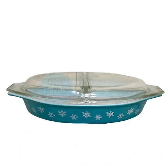 vtg Pyrex Snowflake Divided Dish w Lid
